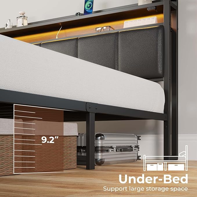 Rolanstar Bed Frame Twin Size with Charging Station and LED Lights, PU Leather Headboard with Storage Shelves, Heavy Duty Metal Slats, No Box Spring Need, Noise Free, Easy Assembly, Black