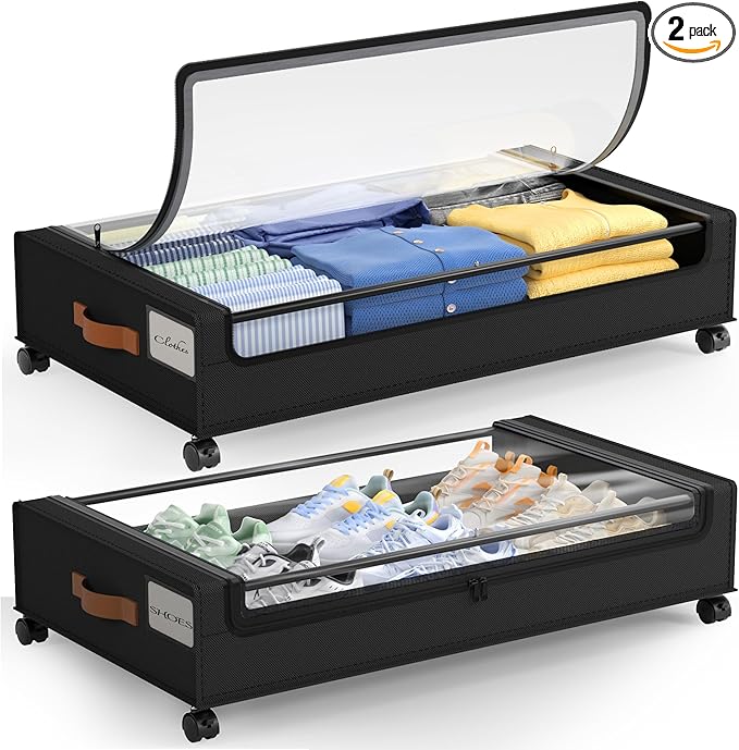 LAMU Under Bed Storage with Wheels, 2 Pack Under Bed Storage Containers with Clear Lid, XXL 60L Underbed Storage Bins, Rolling Under Bed Metal Drawers for Clothes, Blankets, Shoes, Black