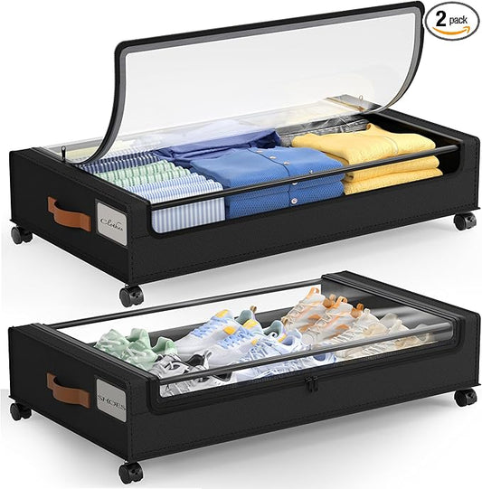 LAMU Under Bed Storage with Wheels, 2 Pack Under Bed Storage Containers with Clear Lid, XXL 60L Underbed Storage Bins, Rolling Under Bed Metal Drawers for Clothes, Blankets, Shoes, Black