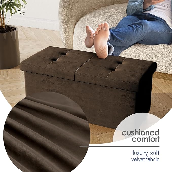 Storage Ottoman Bench with Bins, 30-in Storage Bench for Bedroom End of Bed, Folding Foot Rest Ottoman for Living Room Max 660lbs, Velvet Ottomans, Brown