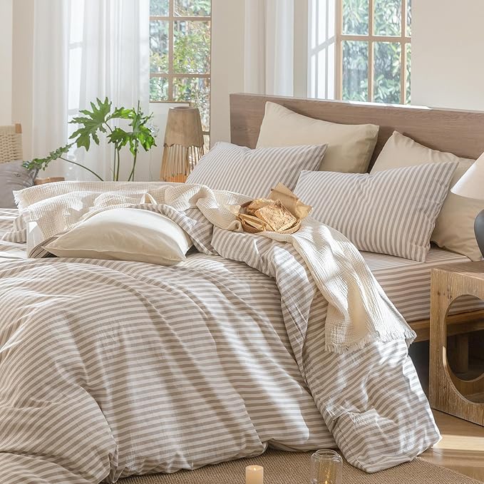 MooMee Striped Duvet Cover Set 100% Washed Cotton Linen Like Textured Breathable Durable Soft Comfy (Tannish Linen Grey White Classic Stripes, King 104"x90")