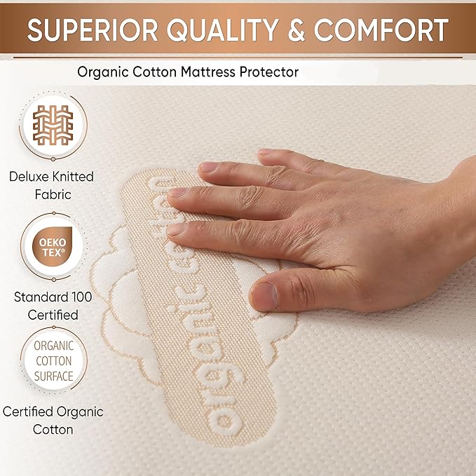 Crib Organic Mattress Protector Pad - OCS Certified Organic Cotton Waterproof Breathable Mattress Pad Cover - 250 GSM Comfort - Deep Pocket - Fitted Comfort