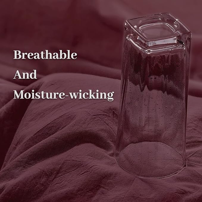 NEXHOME PRO Duvet Cover Set Queen Size Linen Look Textured 100% Washed Cotton Duvet Cover Burgundy Dark Red 3 Pieces Bedding Set with Zipper Closure,Breathable, Soft Organic Natural(No Comforter)