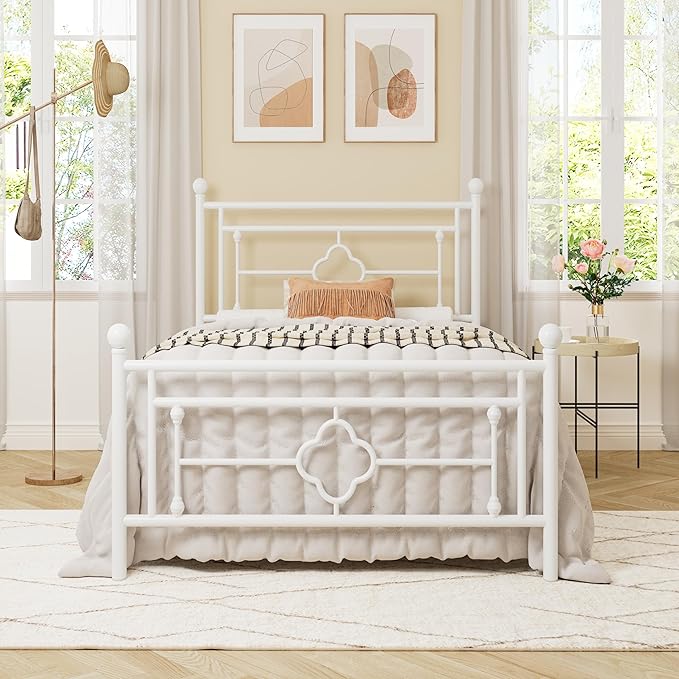Allewie Twin Size Metal Platform Bed Frame with Victorian Vintage Headboard and Footboard/Mattress Foundation/Under Bed Storage/No Box Spring Needed/Noise-Free/Easy Assembly, White