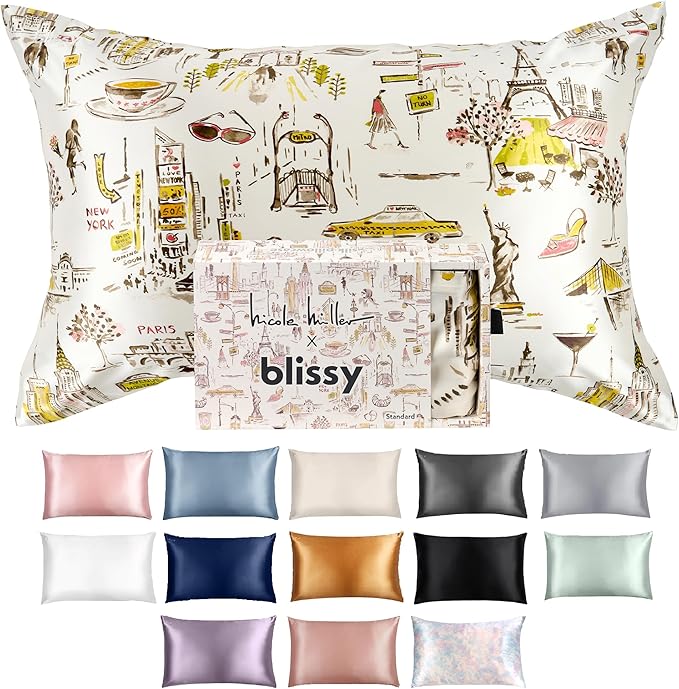 Blissy Silk Pillowcase - 100% Pure Mulberry Silk - 22 Momme 6A High-Grade Fibers - Silk Pillow Cover for Hair & Skin - Regular, Queen & King (Nicole Miller - NY to Paris, Standard)