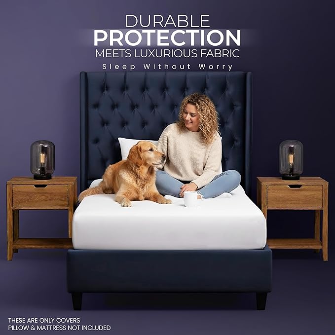Waterproof Mattress Protector and Pillow Case, Twin XL Size, Includes +1 Zippered Pillow Protector and 1 Mattress Cover Set, Fitted Sheet Style Deep Pockets with All Around Elastic
