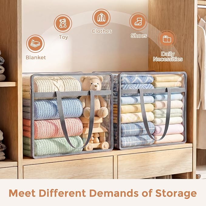 Budding Joy 6 Pack Clear Zippered Storage Bags for Clothes,40L Closet Organizers and Storage Containers Vinyl Moving Bag for Bedding, Linen, Blankets, Comforters, Clothing & Toys, Grey