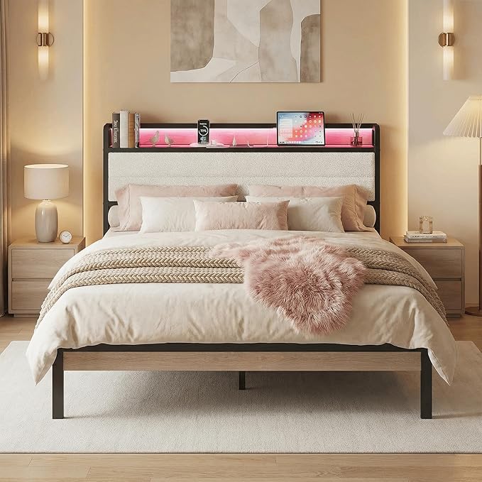 LIKIMIO Queen Bed Frame with Storage Headboard and LED Lights, Metal Platform Bed with Charging Station, Noise Free, No Box Spring Needed, Under Bed Storage, Natural and Cream