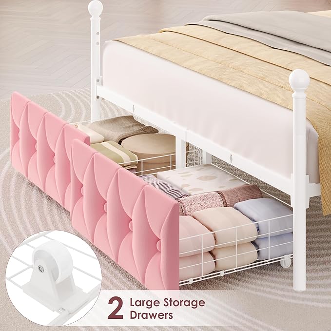 Keyluv Queen Upholstered Canopy Bed Frame with 2 Storage Drawers & Button Tufted Headboard, Metal Platform Bed with 4 Removable Posts, Two-Purpose Velvet Bed, Pink/Curtain Not Included