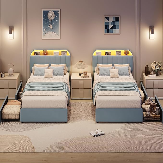 GarveeHome Twin Bed Frame with Storage Headboard, Kids Bed Frame with 2 Drawers, Velvet Upholstered Platform Bed Frame with Lights, No Box Spring Needed, Easy Assembly, Velvet Blue