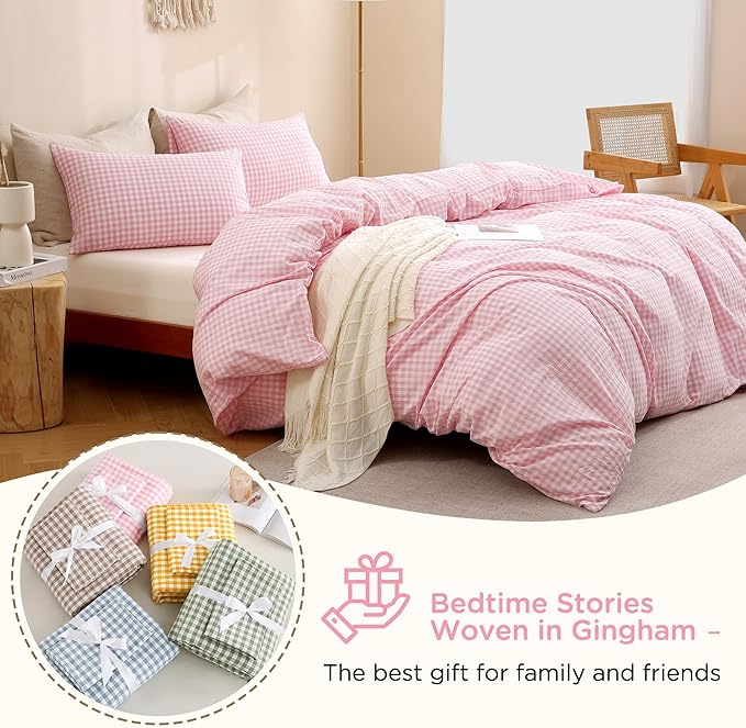 TOCOMOA Pink Gingham Duvet Cover Bedding Set 100% Washed Cotton Like Linen Feel Super Soft Comfortable 3 Piece Cute Plaid Checkered Comforter Cover Set (Full 80"x90", Comforter Not Included)