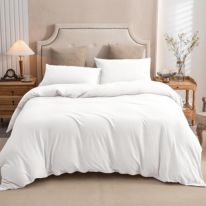 PURE ERA Jersey Knit Duvet Cover Set 100% T-Shirt Cotton Super Soft Comfy 2pc Bedding Set with Zipper Closure (Solid Bright White, Twin)