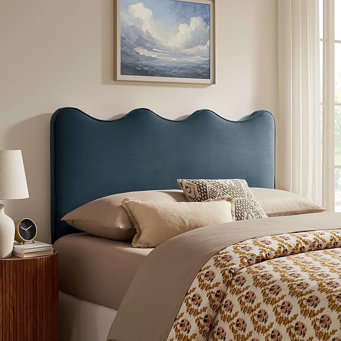Monday Athena King Size Performance Velvet Adjustable Headboard in Cadet Blue - with Scalloped Wave Design and Stain-Resistant Velvet Upholstery