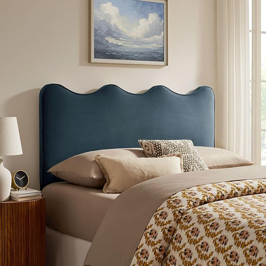 Monday Athena King Size Performance Velvet Adjustable Headboard in Cadet Blue - with Scalloped Wave Design and Stain-Resistant Velvet Upholstery