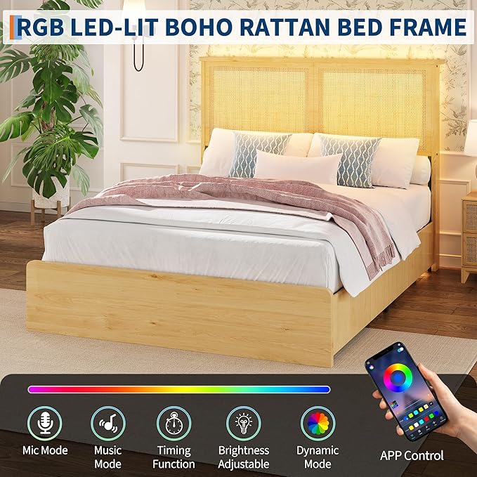 IDEALHOUSE Rattan Full Bed Frame with 4 Storage Drawer, LED Lights & Natural Rattan Headboard, Wood Full Size Bed Frame with Sturdy Wood Foundation, No Box Spring Needed, Natural