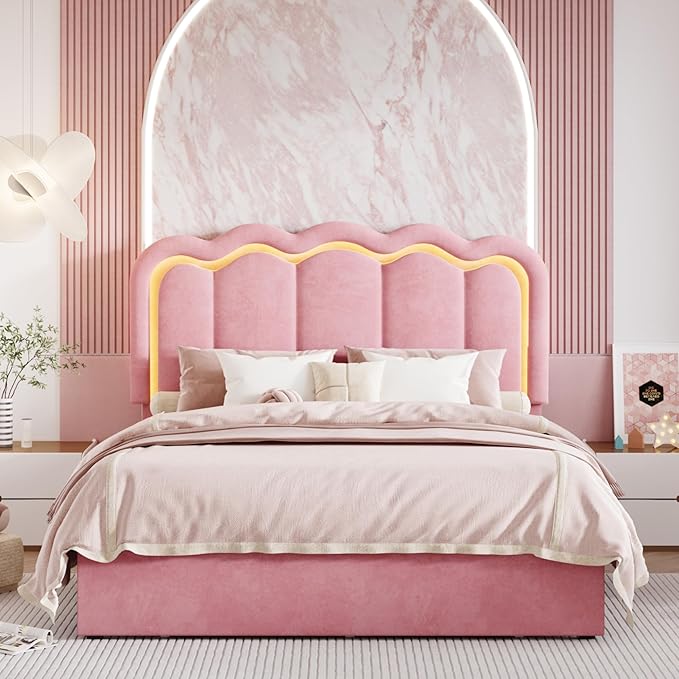 SHA CERLIN Upholstered Queen Size Bed Frame with LED Lights and Large Storage Drawer, Velvet Platform Bed with Adjustable Wavy Headboard, Noise Free, Easy Assembly, No Box Spring Needed, Soft Pink