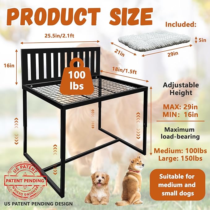 Beside Dog Bed,Adjustable Height Dog Bunk Beds,25.5‘’x18‘’Metal Dogs Bed Frame with Cushion,Medium