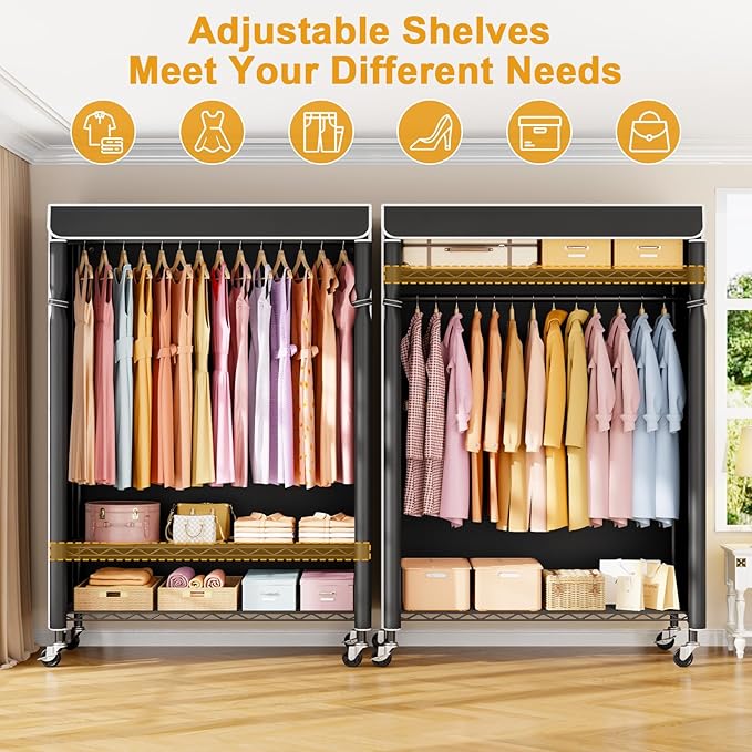 ULIFHOME P6C Plus Rolling Clothes Rack with Cover, Covered Clothing Rack Heavy Duty, Portable Closet for Hanging Clothes, Garment Rack on Wheels, Black Closet Rack with Black Cover, Max Load 375LBS