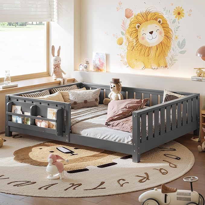 Bellemave Full Size Kids Montessori Bed with Bookshelf,Solid Wood Full Floor Bed Frame with Fence and Slats for Girls Boys,Low-Profile,Gray