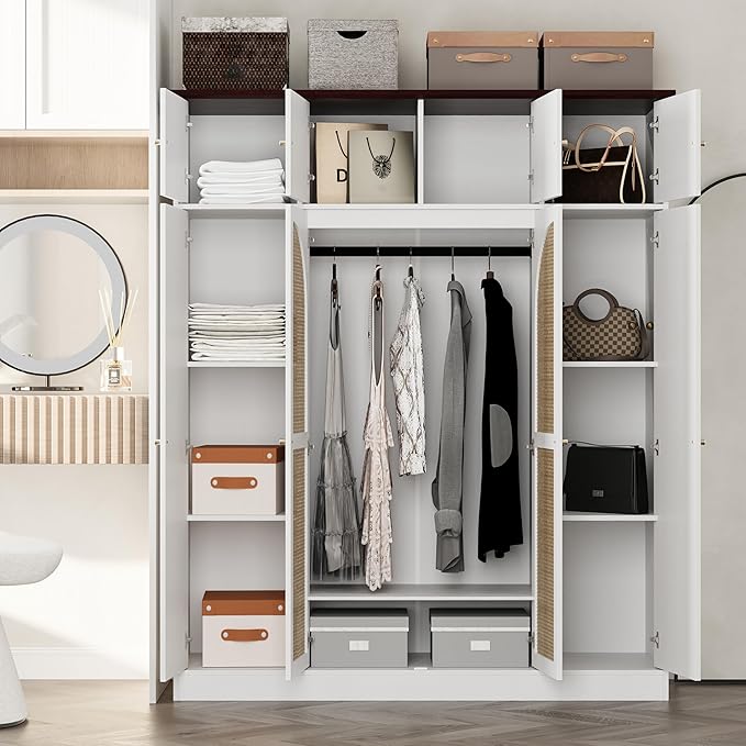 4 Doors Large Armoire Wardrobe Closet with Rattan Doors, 70.87" Tall Freestanding Wooden Closet Wardrobe Cabinet with Hanging Rod and Adjustable Shelves, Clothing Storage Cabinet for Bedroom, White