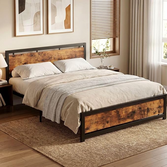 LIKIMIO California King Bed Frame with Headboard and Footboard, Metal Strong Supports, Easy Assembly, Noise-Free, No Box Spring Needed, Vintage Brown