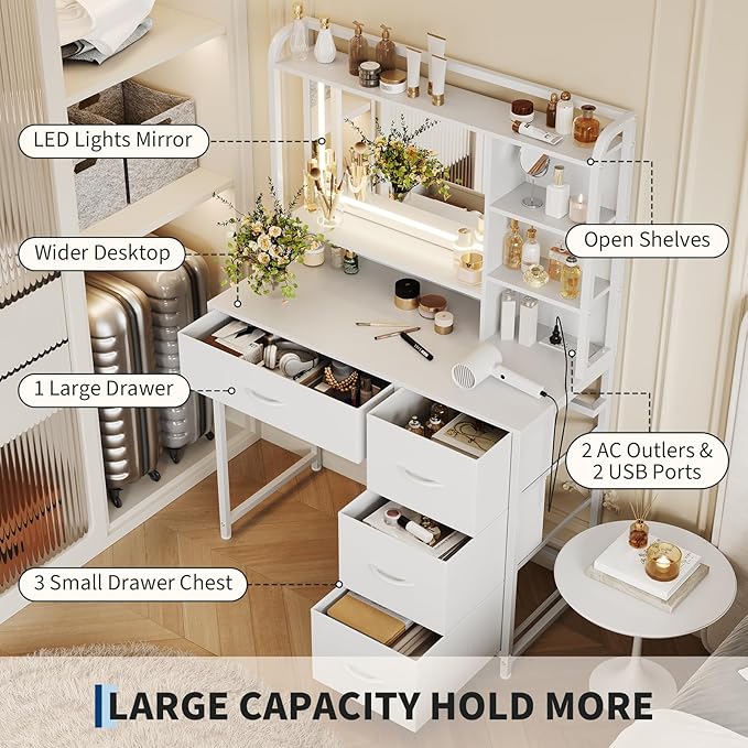 GarveeHome Vanity Desk with Mirror, 35.4” Makeup Vanity Table with Shelves, 4 Fabric Drawers Storage, Modern Dressing Table for Bedroom, Gift for Women