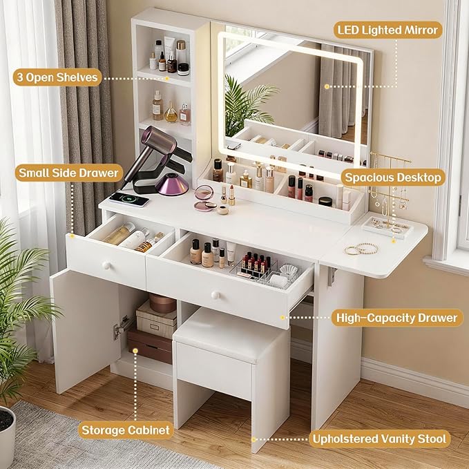 FUXA Vanity Desk with LED Lights Mirror and Charging Station, Makeup Vanity Table with Storage Drawers, Cabinet and Chair, Dressing Table Set for Bedroom, White