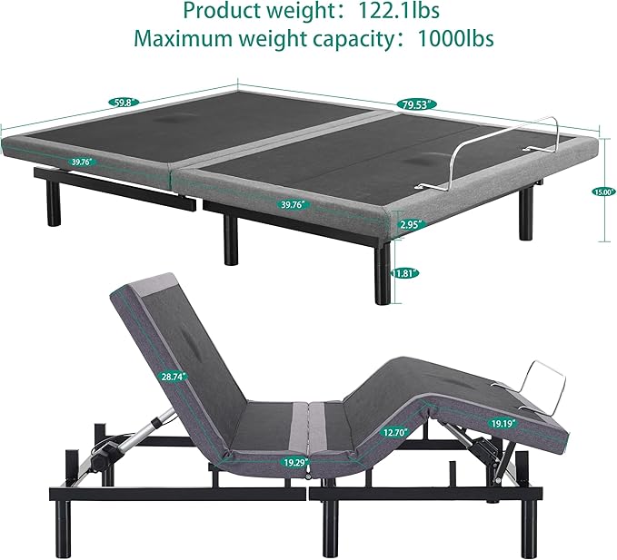 Naomi Home Idealbase Queen Adjustable Bed Base with Massage, USB Ports, Under-Bed Light, Wireless Remote, 800 Lb Capacity, Gray Metal Frame, Easy Assembly for Enhanced Comfort and Relaxation
