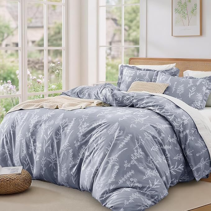 MUXHOMO Duvet Cover Full Size, Reversible Floral Grey Duvet Cover Set with Zipper Closure, 3 Pieces Botanical Patterns Soft Microfiber Bedding Set with 4 Ties (80"x90", 2 Pillow Cases)