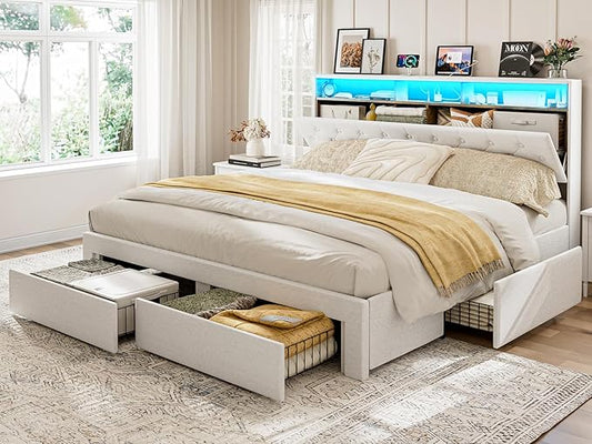 California King Bed Frames with 4 Drawers, Hidden Storage Headboard with LED Lights and Charging Station, Upholstered Cal King Platform Bed, Noise Free, No Box Spring Needed, White