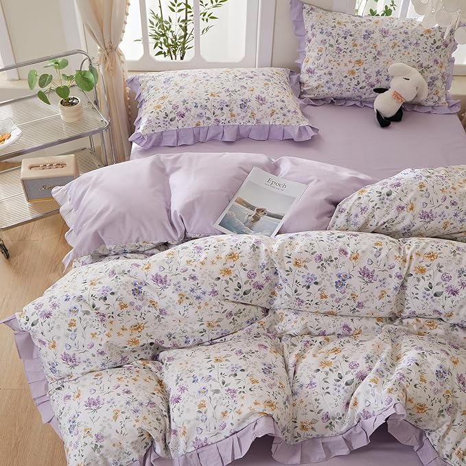 mixinni Floral Duvet Cover Set Twin Size, 100% Cotton 3-Piece Bedding Set with Ruffled Lace, Reversible Lavender Wildflower Ruffle Design, Soft Aesthetic Cottagecore Duvet Cover with Zipper Closure