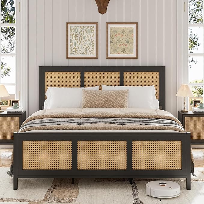 GarveeHome Full Size Bed Frame with Headboard, Boho Rattan Bed Frame with Strong Metal Slat, Noise Free, No Box Spring Needed, Black and Natural