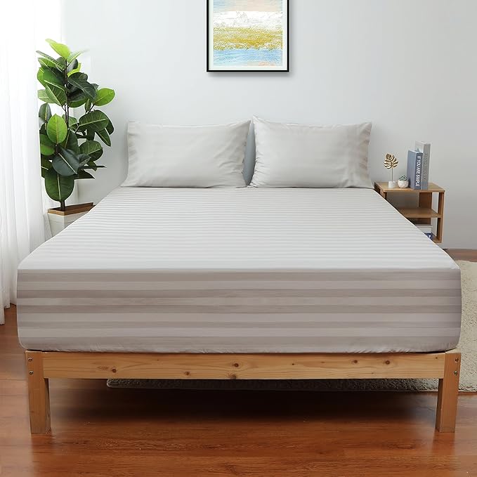 2-Pack Pure Cotton Fitted Sheet Queen Size, 600 Thread Count 16" Deep Pocket Egyptian Cotton Fitted Sheet (2pcs, Queen, Stripted Light Beige)