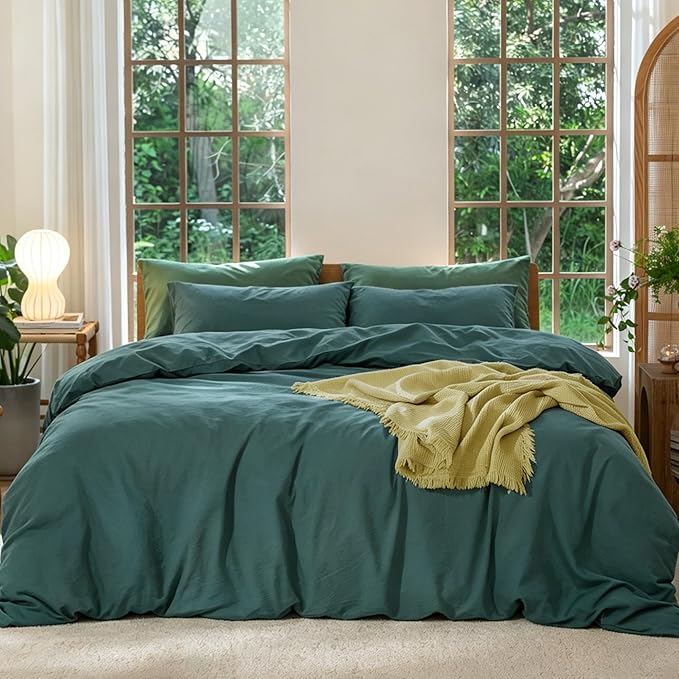 MooMee Bedding Duvet Cover Set 100% Washed Cotton Linen Like Textured Breathable Durable Soft Comfy (Solid Green, King 104"x90")