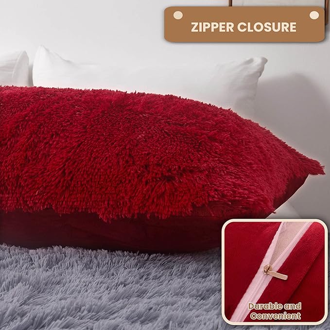 MEGO Luxury Fluffy Body Pillow Cover, 20x54 Shaggy Faux Fur Body Pillow Case, Red Soft Plush Fuzzy Body Pillowcase, Decorative Furry Long Bed Pillow with Zipper Closure Hug Pillow for Bedroom Red