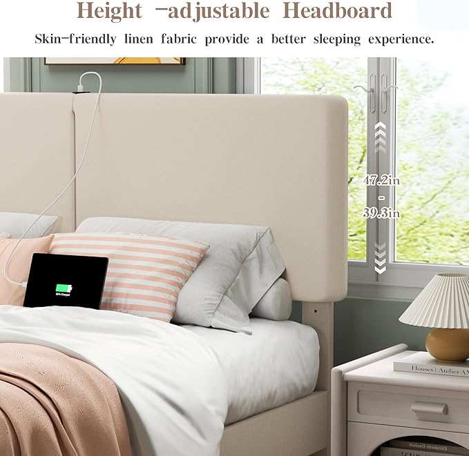 VECELO Queen Bed Frame with Type-C & USB Ports, Upholstered Platform Height-Adjustable Cotton and Linen Headboard, No Box Spring Needed, Noise-Free, Easy Assembly, Beige