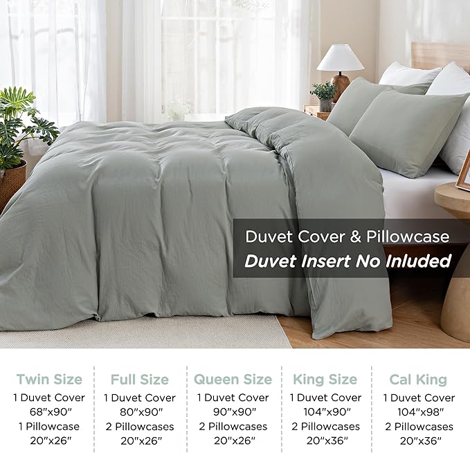 TOCOMOA Muslin Duvet Cover 100% Cotton Like Linen Texture Breathable Soft Comfy 3-Piece Sage Green Comforter Cover Bedding Set (Queen 90"x90", Comforter Not Included)