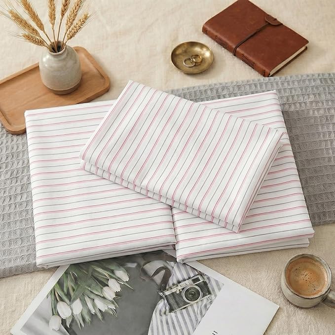 Merryword Queen Size Pillowcases, 100% Cotton Pillow Cases, White & Pink Striped Pillowcases, Luxury Linen Like Pillowcase, Soft Breathable Ticker Stripe Pillow Covers, Set of 2