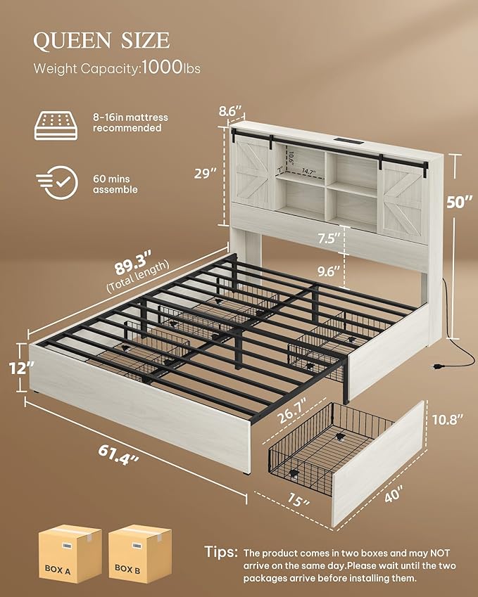 YITAHOME Farmhouse Queen Size Bed with Storage Bookcase Headboard, Sliding Barn Door, 4 Storage Drawers, RGB LED Bed Frame with USB Charging Station, No Box Spring Needed, Antique White