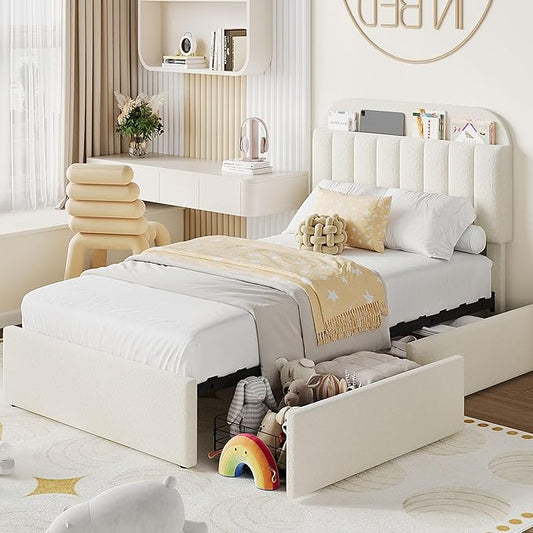 IDEALHOUSE Twin XL Bed Frame for Kids, Boucle Upholstered Platform Bed for Boys/Girls with 2 Flexible Drawers, Bookcase Headboard, Noise-Free, Easy Assembly, No Box Spring Needed, Beige