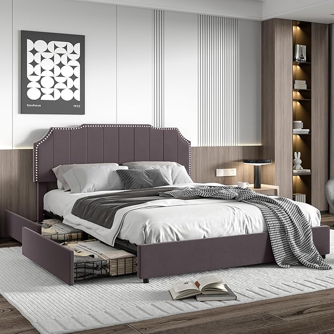VECELO Queen Upholstered Platform Bed Frame with 4 Storage Drawers,Velvet Vintage Queen Bed with Nailhead Trim,Tufted Height Adjustable Headboard,Wooden Slats/No Box Spring Needed/Easy Assembly