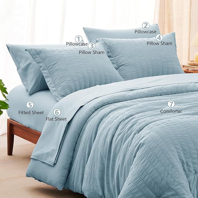 CozyLux Oversized King Comforter Set Light Blue Seersucker 7 Pieces 120x98 Bed in a Bag Comforter Set with Sheets, Luxury Soft Bedding Sets with Down Alternative Comforter, Sheets, Pillowcases & Shams