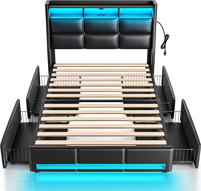 Rolanstar Twin Size Bed Frame with LED Lights and Charging Station, PU Leather Bed Storage Headboard & Drawers, Heavy Duty Wood Slats, Easy Assembly, Black