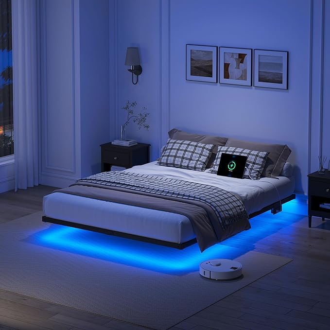 YORMDMO Floating Bed Frame Full Size, Heavy Duty Bedframe with Smart LED Lights & Charging Station, Modern Metal Platform Bed, Easy Assembly No Box Spring Needed, 8 Inch