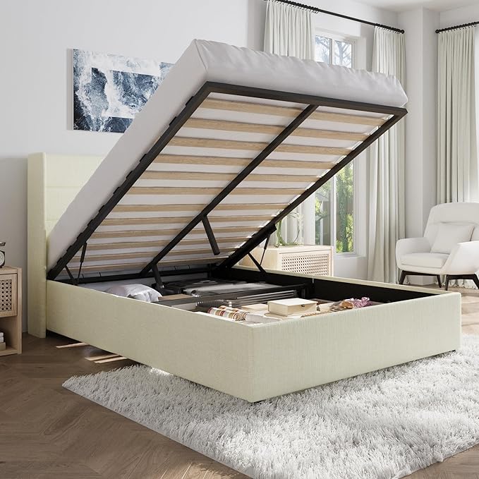 SHA CERLIN Full Size Lift Up Storage Bed/Chenille Fabric Upholstered/Modern Wingback Headboard/Platform Bed Frame/Hydraulic Storage/No Box Spring Needed/Wood Slats Support/Cream
