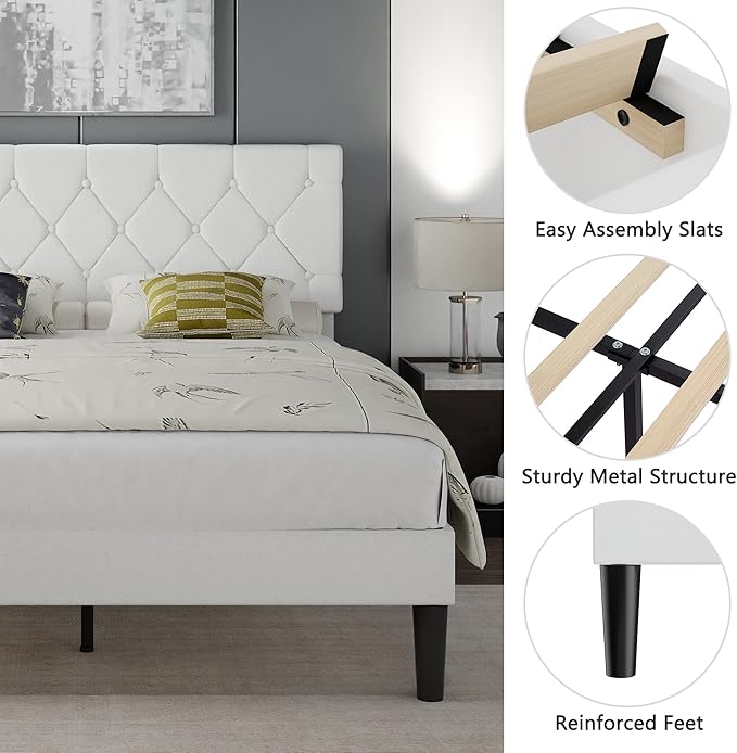 VECELO Queen Bed Frame with Button Tufted Headboard, Upholstered Platform with Wooden Slat Support, No Box Spring Needed, White