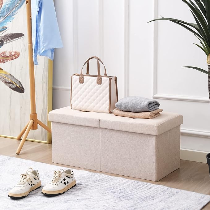 Storage Ottoman Bench Foldable Seat Footrest End of Bed Ottoman with Flipping Lid for Living Room, 75L, 30 inches Linen Fabric Beige