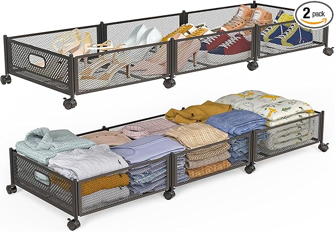 Under Bed Storage With Wheels, 47.2''/90lbs/57.6L, Metal Frame Under Bed Rolling Storage, Tool-Free Assembly Underbed Drawers, Underbed Organizer Containers for Shoes, Clothes and Toys (2 Pack)