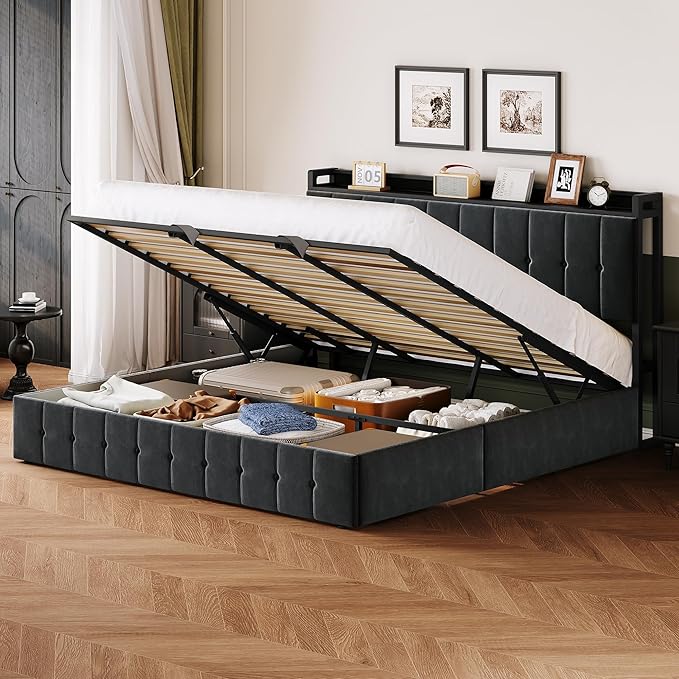 Garvee King Size Lift Up Storage Bed, Upholstered Velvet Bed Frame with Storage Headboard, Metal Platform Bed, No Box Spring Needed, Noise Free, Black