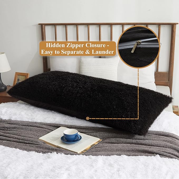 XeGe Soft Plush Body Pillow Cover, 20x54 Big Fluffy Body Pillowcase, Boho Faux Fur Fuzzy Long Decorative Pillow Sham for Bedroom Sofa Couch, Solid Shaggy Throw Bed Pillow Case Black